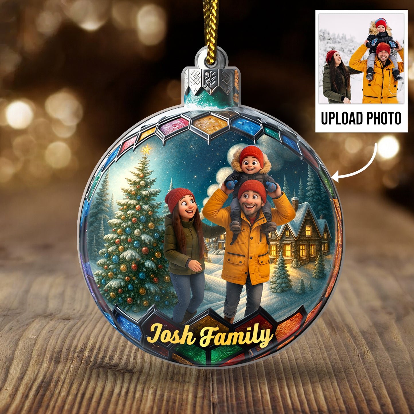 Custom photo Christmas ornament featuring a family with a snowy background and a Christmas tree