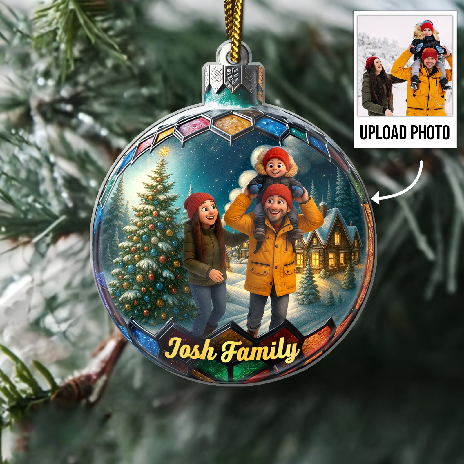 Custom photo Christmas ornament featuring a family portrait with a festive background and personalized name