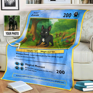 Custom photo pet blanket gift featuring personalized pet illustration and stats for dog lovers