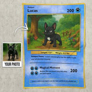 Custom photo pet blanket gift featuring a personalized Pokepet design with a dog illustration
