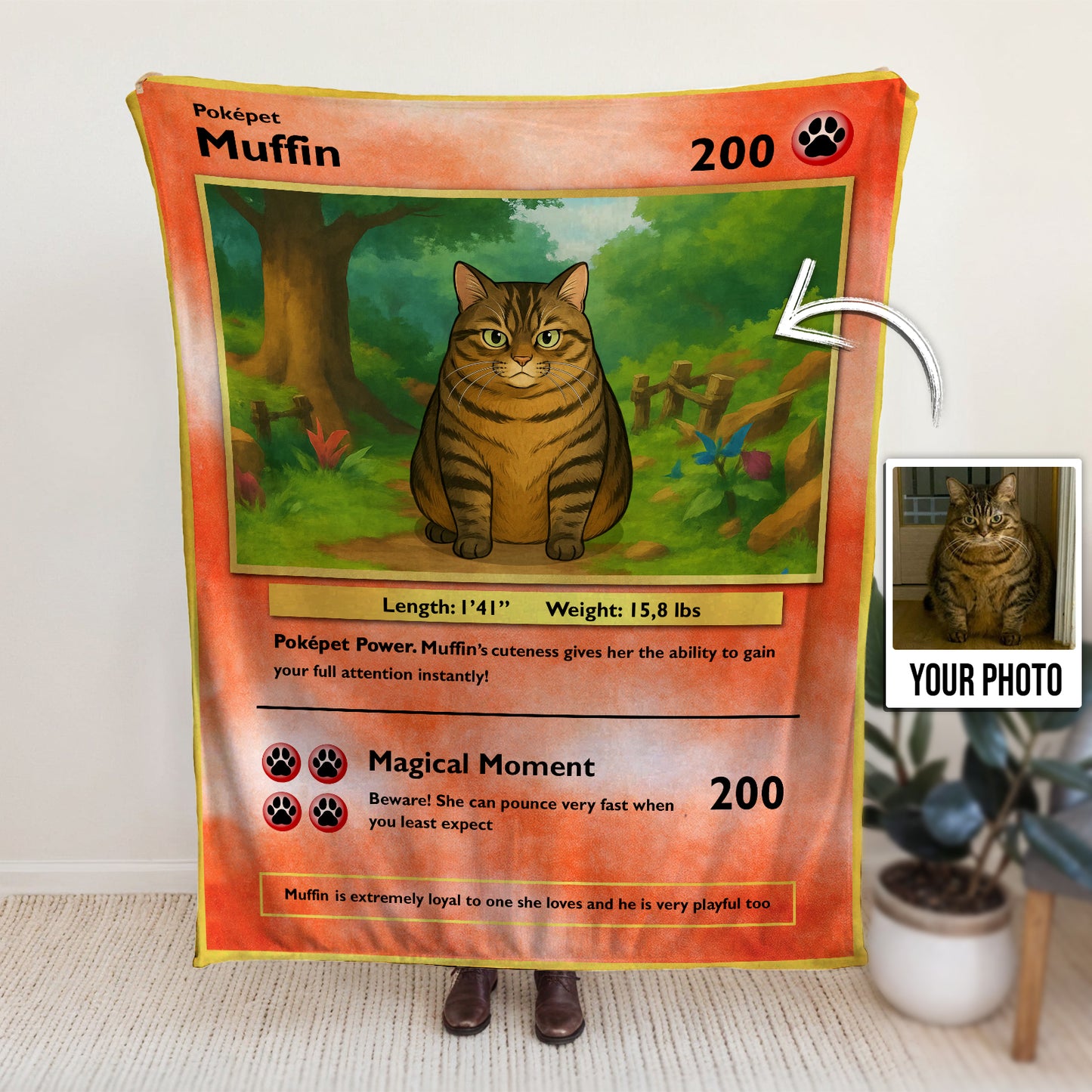 Custom photo pet blanket gift featuring a Pokepet design with a cat illustration and personalized details