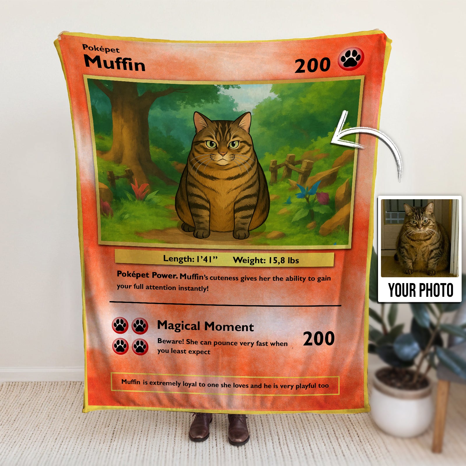 Custom photo pet blanket gift featuring a Pokepet design with a cat illustration and personalized details