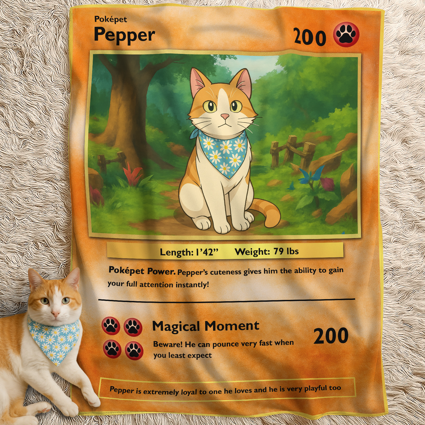 Custom photo pet blanket gift featuring a playful cat design with vibrant colors and details