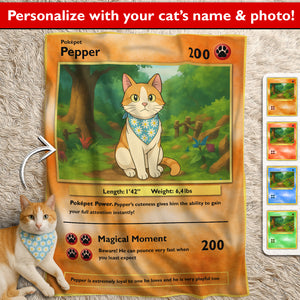 Custom photo pet blanket gift featuring a personalized cat illustration and playful design