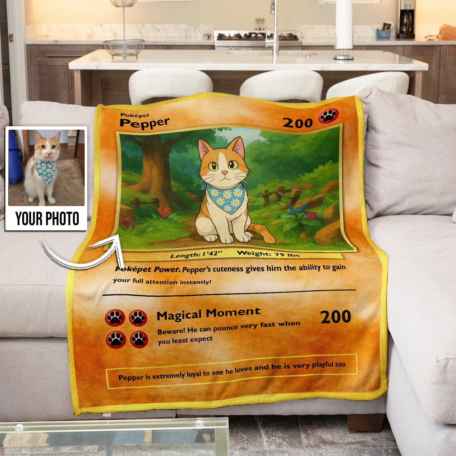 Custom photo pet blanket gift featuring a personalized design with a cat illustration and vibrant colors