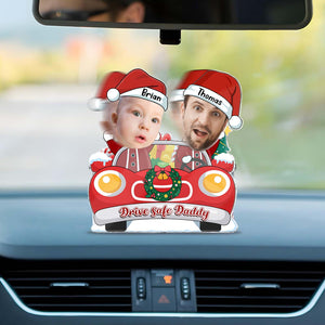 Custom photo shaking head standee featuring kids in Santa hats in a festive car decoration