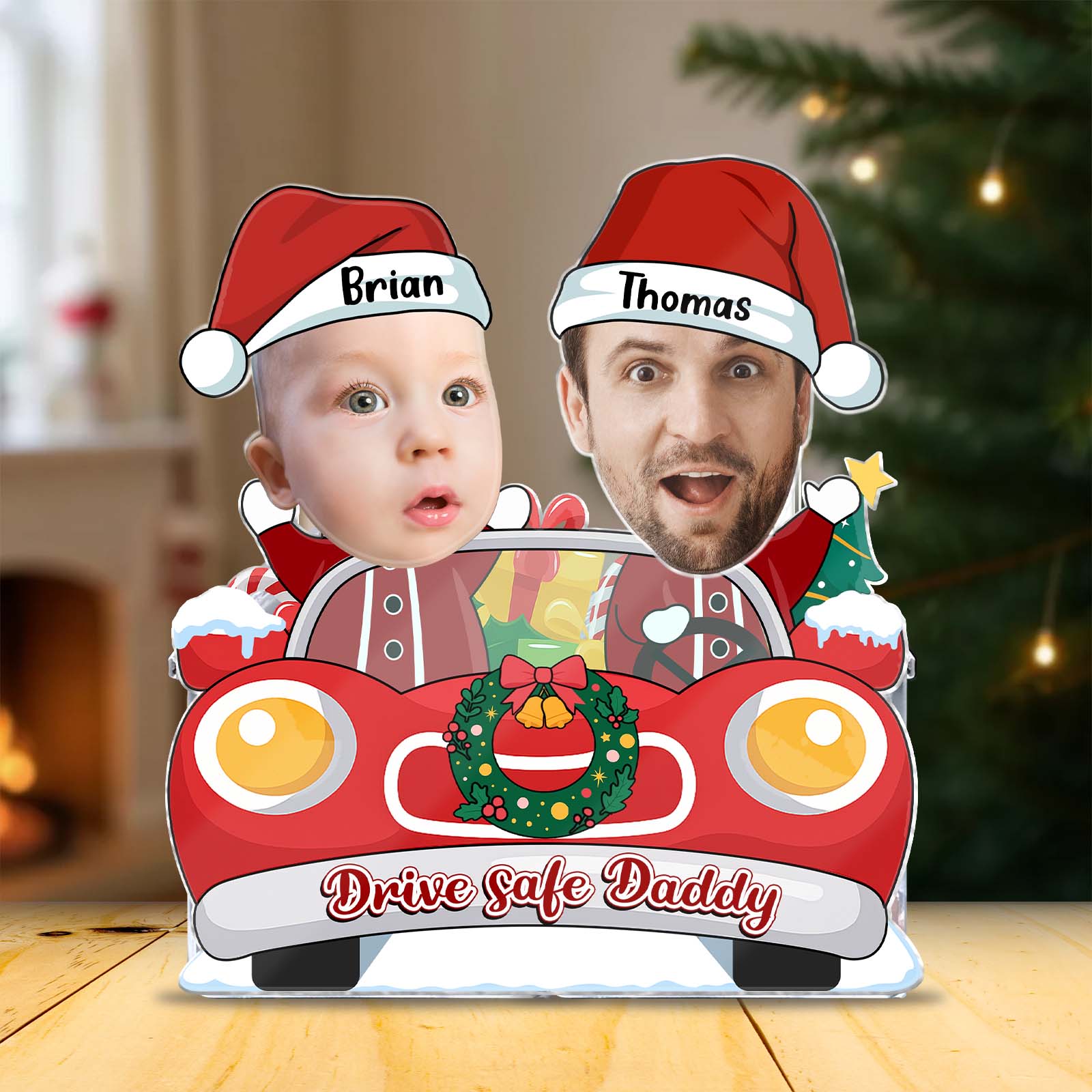 Custom photo shaking head standee featuring two festive characters in a car for holiday decor