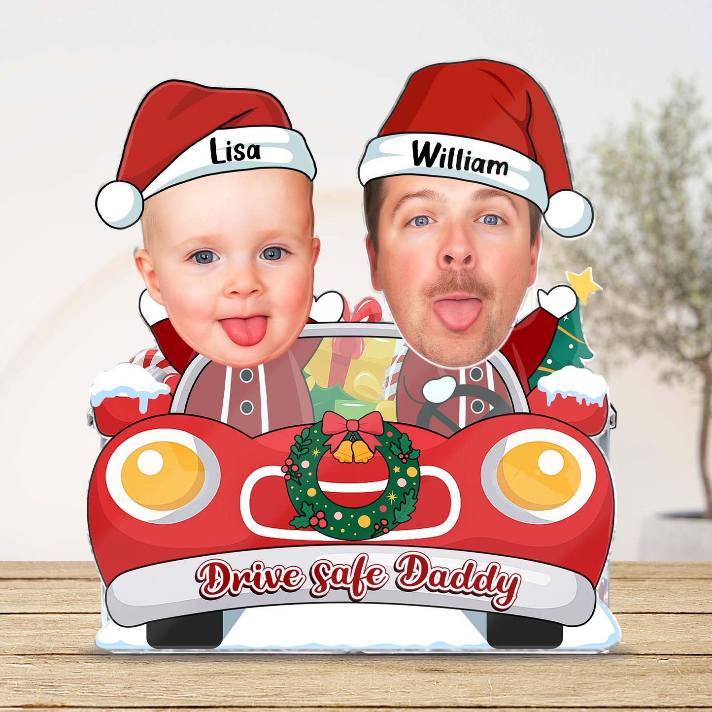 Custom photo shaking head standee featuring fun holiday design with two cheerful faces in a festive car