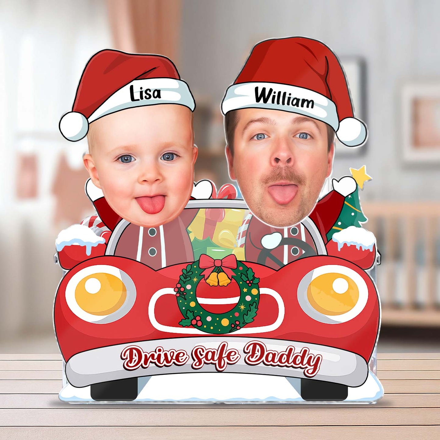 Custom photo shaking head standee featuring two faces in a festive car for personalized holiday décor