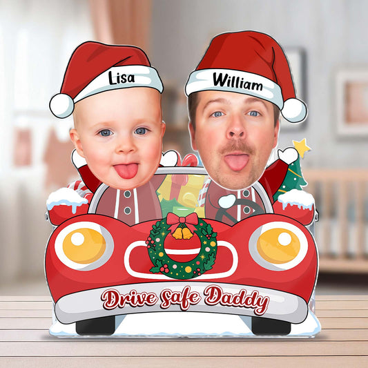 Custom photo shaking head standee featuring two faces in a festive car for personalized holiday décor