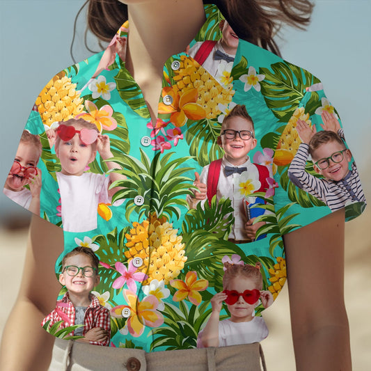 Custom pineapple linen shirt with bright tropical design and personalized photos of children on turquoise background