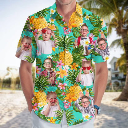365Gifty custom pineapple linen shirt featuring tropical design with pineapples and personalized child photos