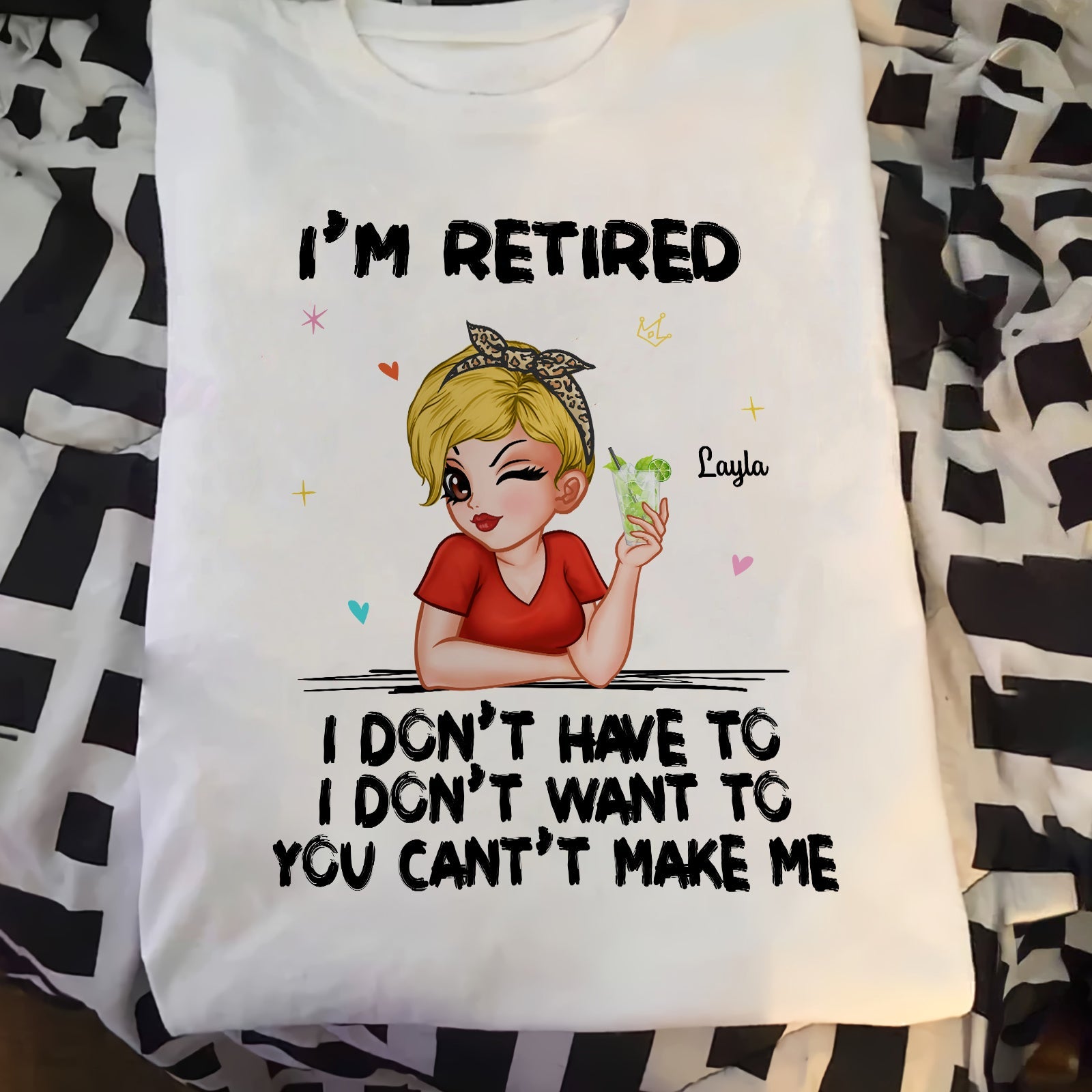Custom retired gift for women white shirt with cartoon woman and humorous retirement quote