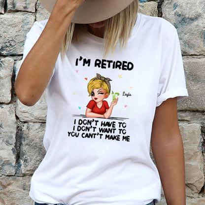 White t-shirt featuring custom retired gift for women with a cartoon woman and retirement quote