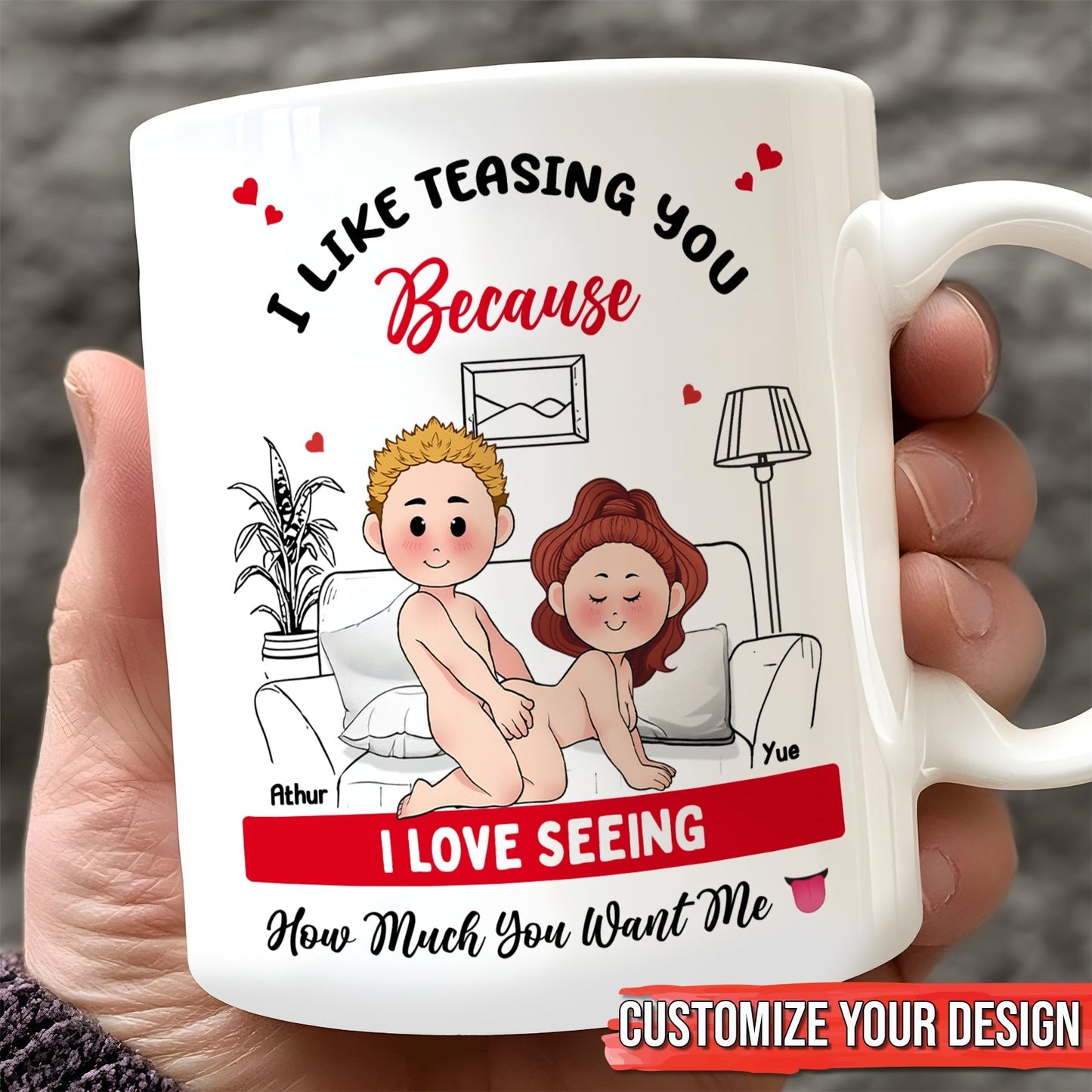 Custom romantic gift for couples - personalized mug with playful couple illustration and loving text
