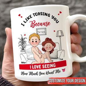 Custom romantic gift for couples - personalized mug with playful couple illustration and loving text