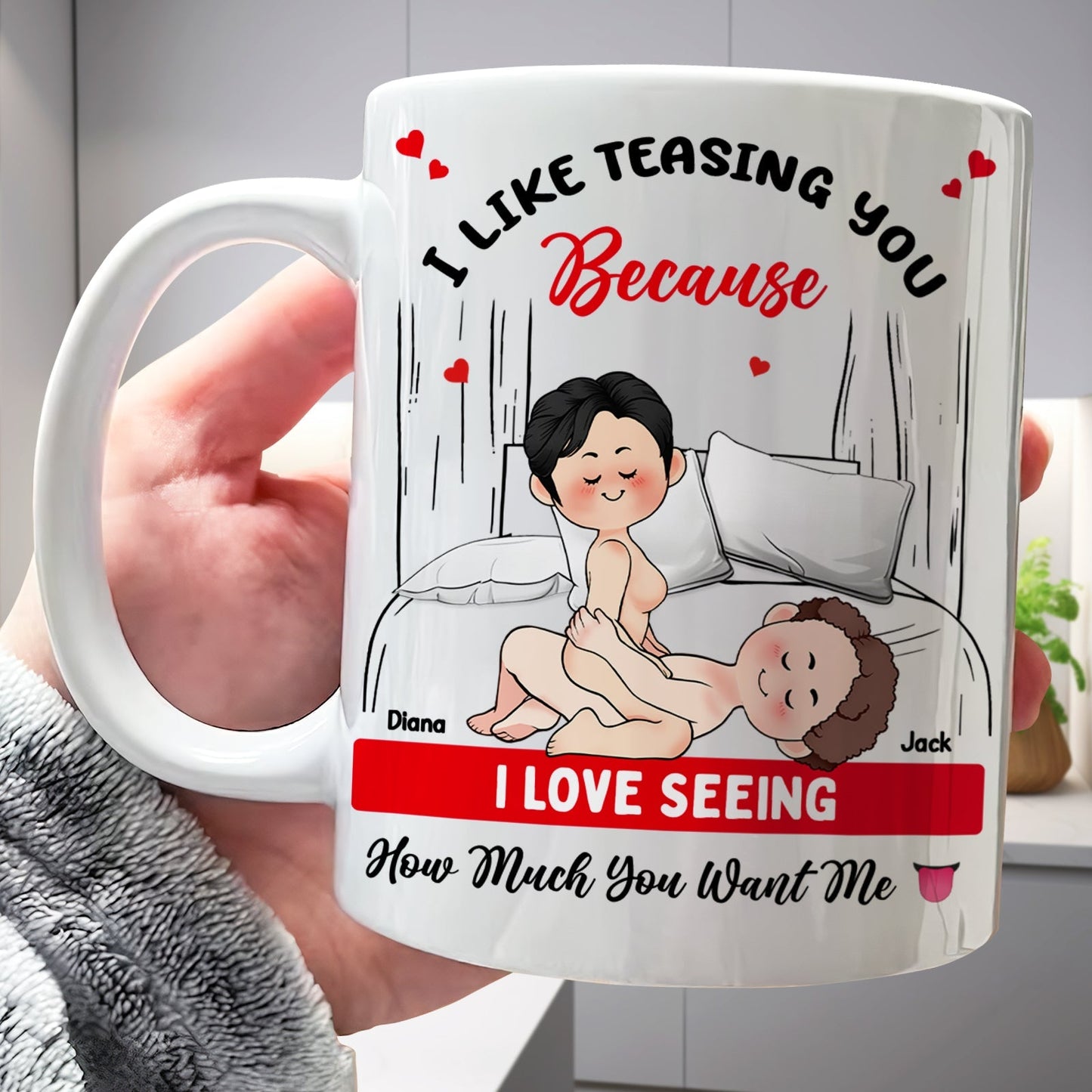 Custom romantic gift for couples, personalized mug featuring playful couple illustration and heartfelt message