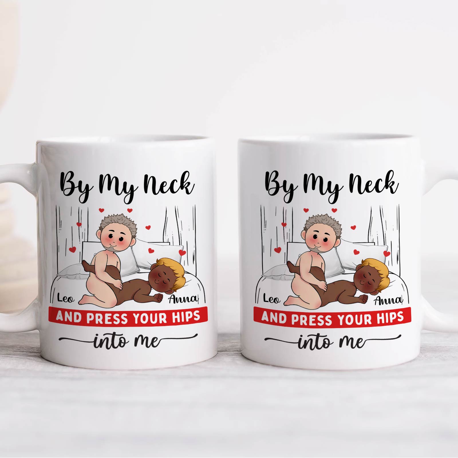 Custom romantic gift for couples: cute mugs with playful artwork and personalized names for special moments
