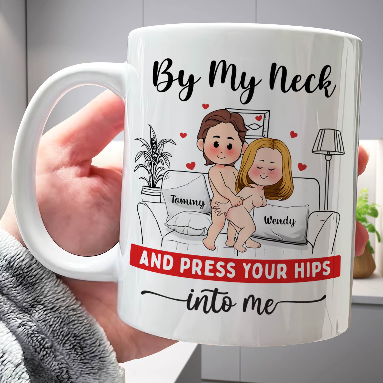 Custom romantic gift for couples featuring a playful mug with illustrated couple and heartfelt message