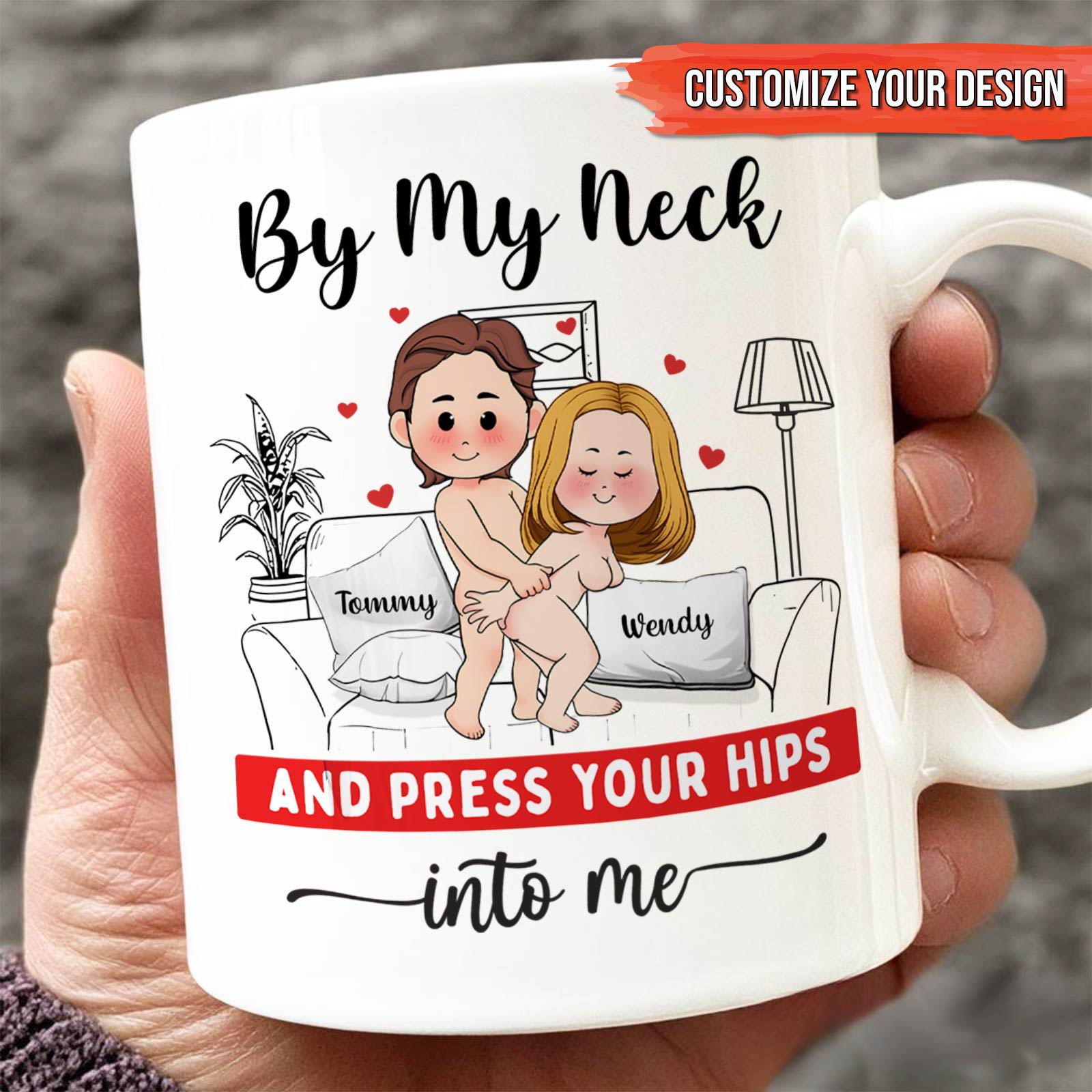 Custom romantic gift for couples featuring a personalized coffee mug with cute illustrations and text