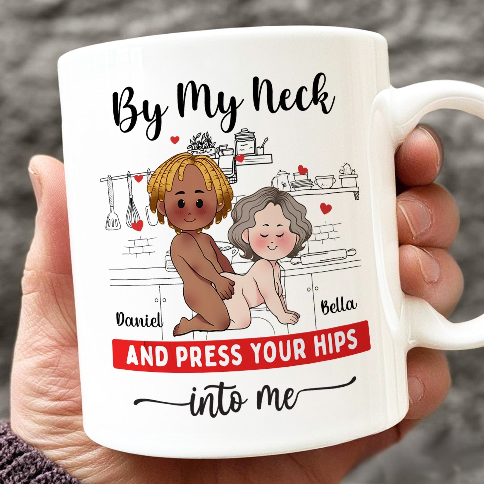 Custom romantic gift for couples, personalized coffee mug featuring playful illustration and names Daniel and Bella