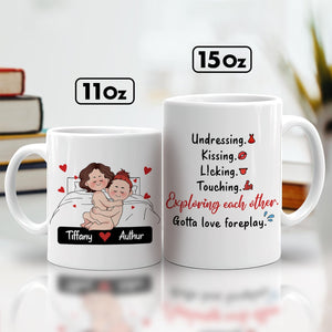 Custom romantic mug for couples featuring playful couple illustrations and affectionate phrases