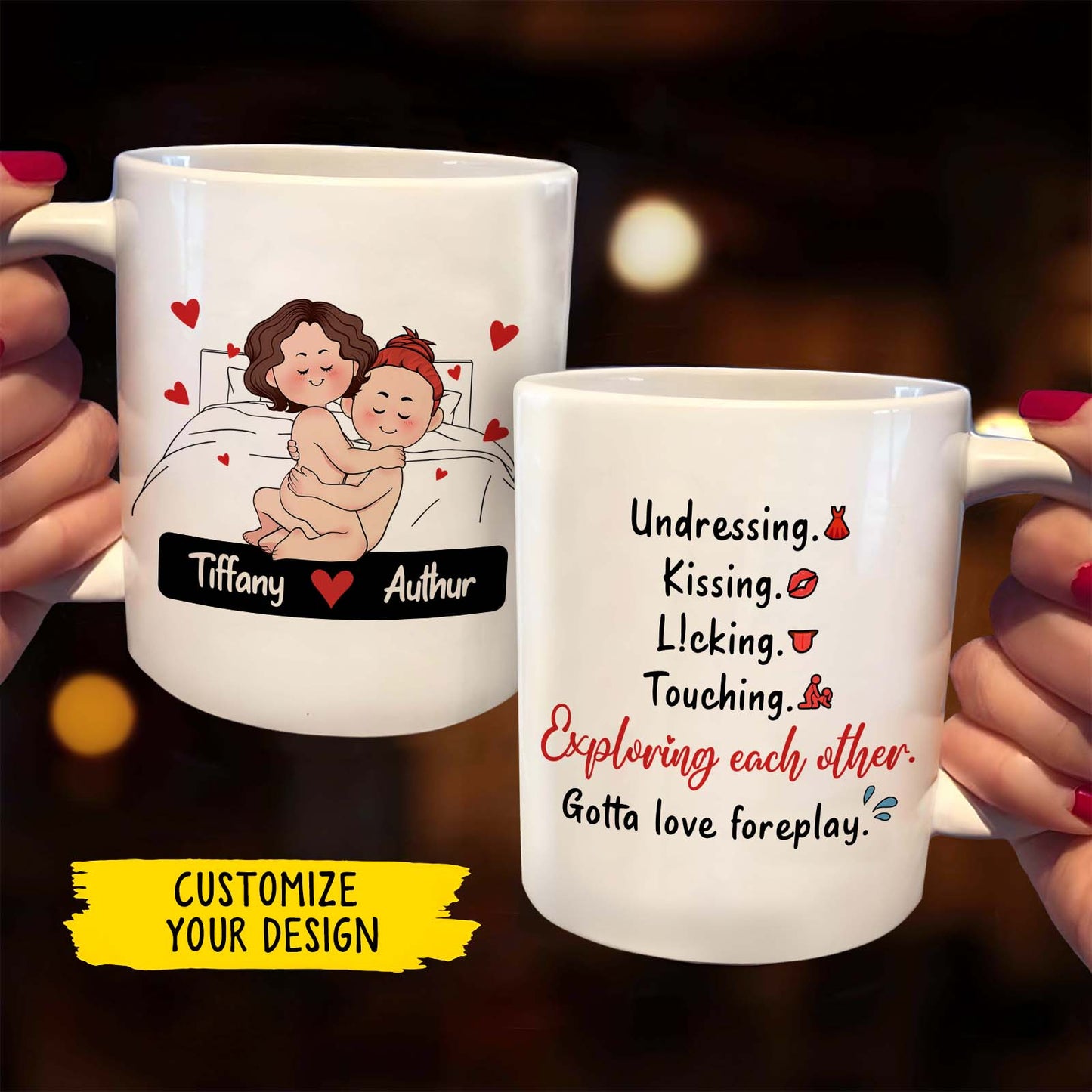 Custom romantic mug for couples featuring playful design and personalized names for a unique gift