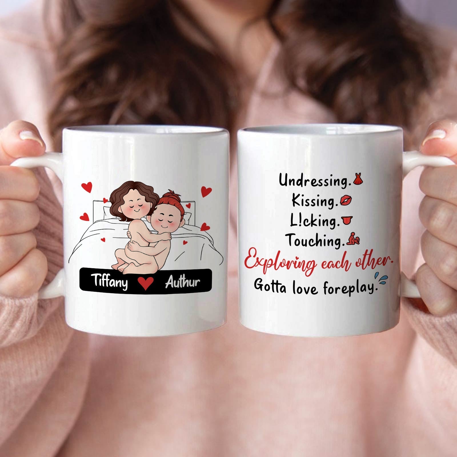 Custom romantic mug for couples featuring playful couple illustration and affectionate text