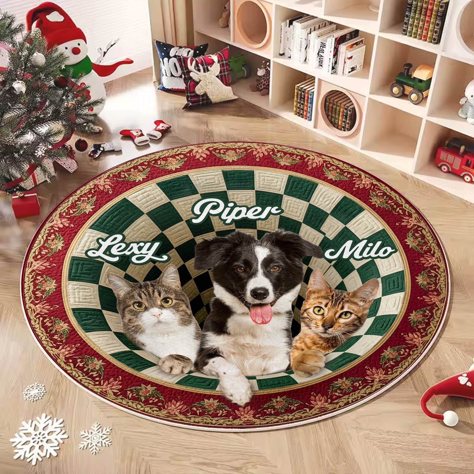 Custom round mat for pet lovers featuring names Lexy, Piper, and Milo with a festive design