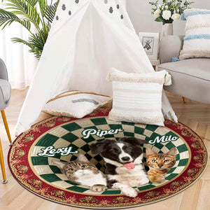 Custom round mat for pet lovers featuring names Lexy, Piper, and Milo with cute pets design