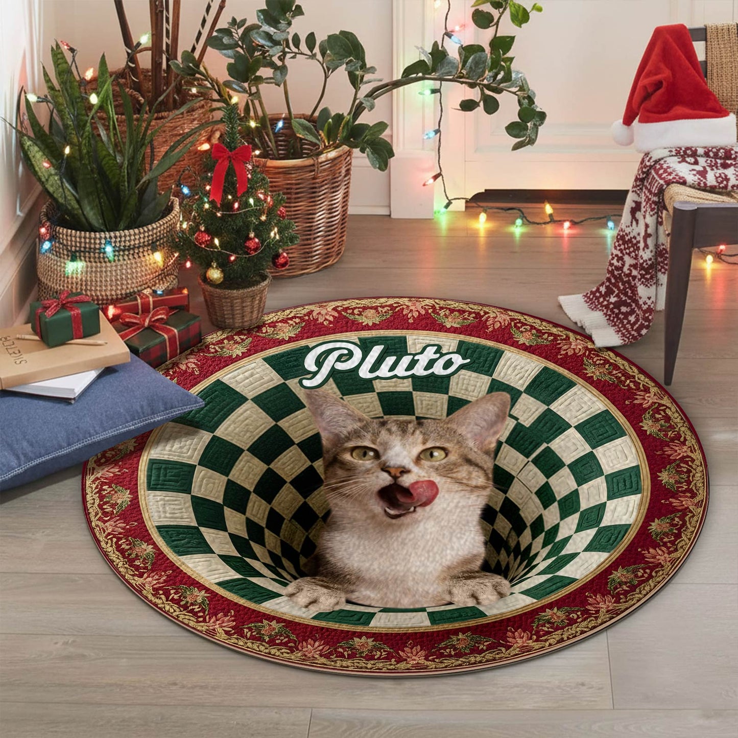 Custom round mat for pet lovers featuring a playful cat design with the name Pluto