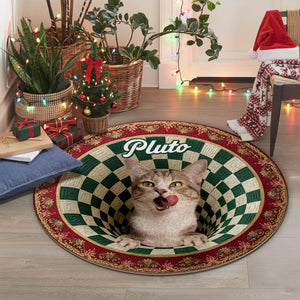 Custom round mat for pet lovers featuring a playful cat design with the name Pluto