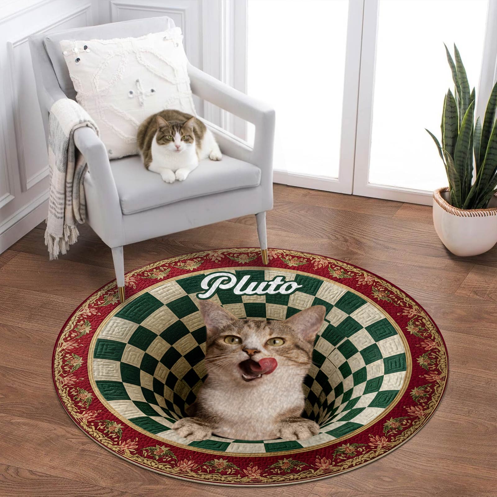 Custom round mat for pet lovers featuring a playful cat design in a cozy living room setting