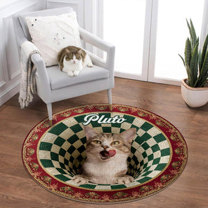 Custom round mat for pet lovers featuring a playful cat design in a cozy living room setting