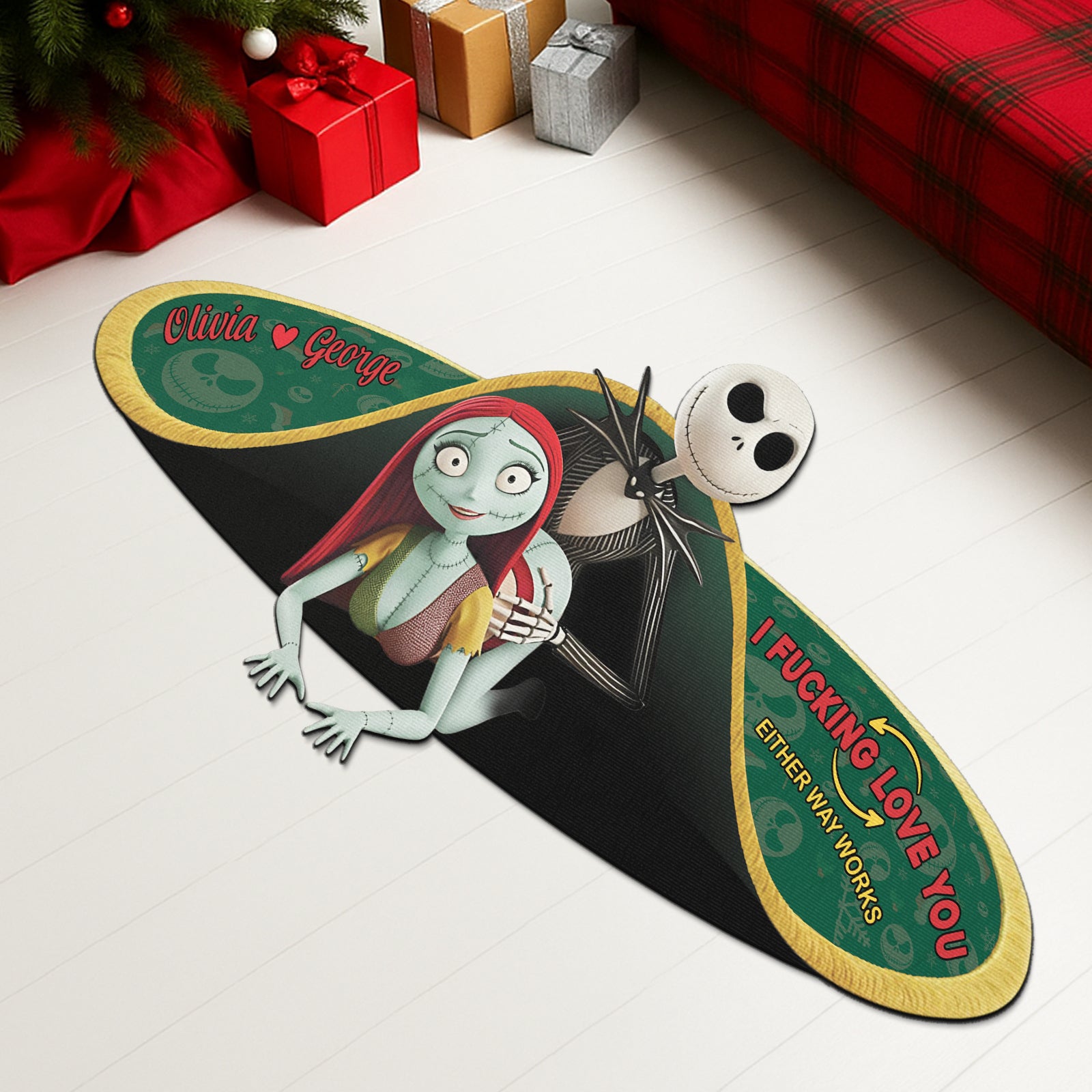 Custom shaped doormat for couples featuring a playful design with characters and a loving message