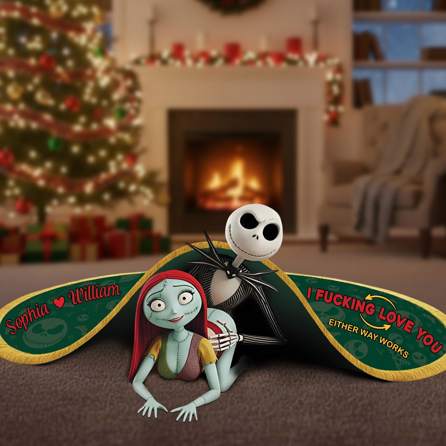 Custom shaped doormat for couples featuring Jack and Sally with personalized names and romantic message