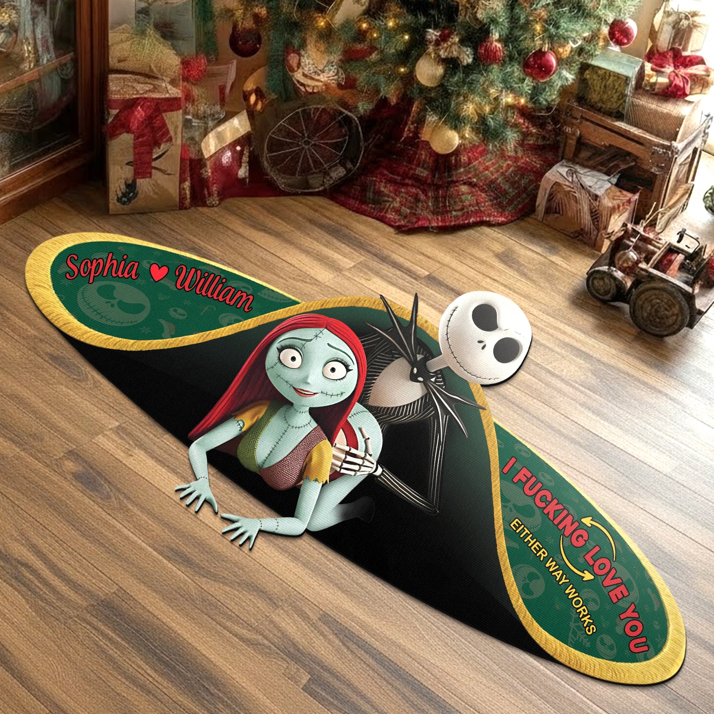 Custom shaped doormat for couples featuring Halloween-themed design with names Sophia and William