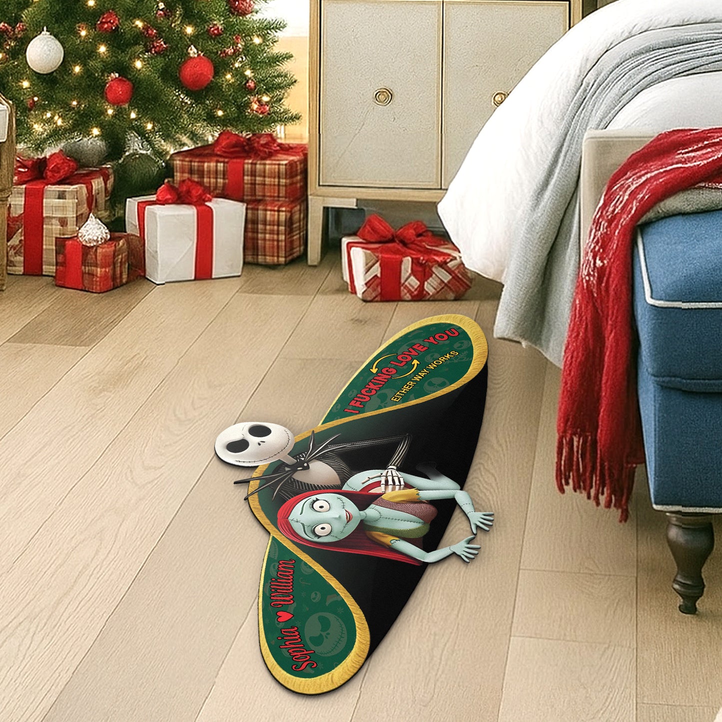 Custom shaped doormat for couples featuring a festive design with a charming character by the Christmas tree