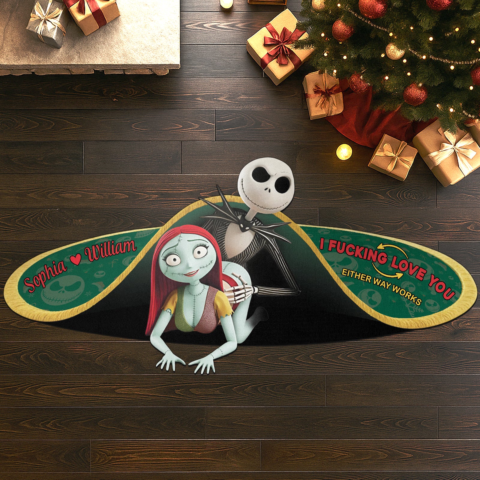 Custom shaped doormat for couples featuring a design with Jack and Sally and personalized text