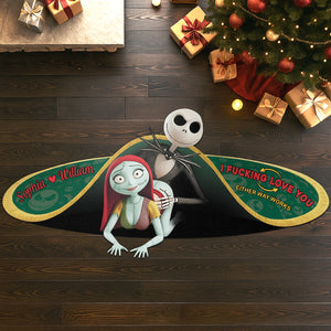 Custom shaped doormat for couples featuring a design with Jack and Sally and personalized text