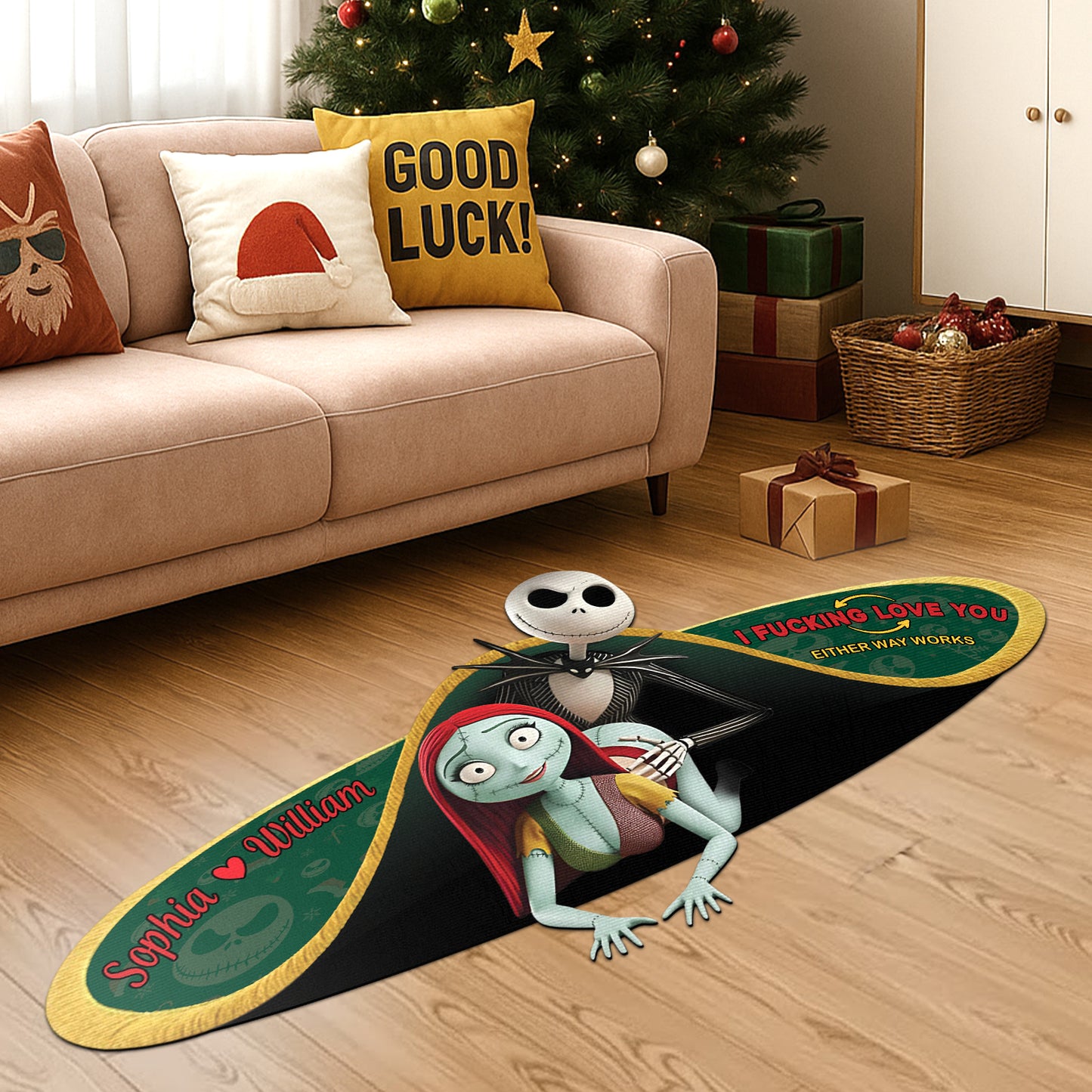 Custom shaped doormat for couples featuring a whimsical design with personalized names