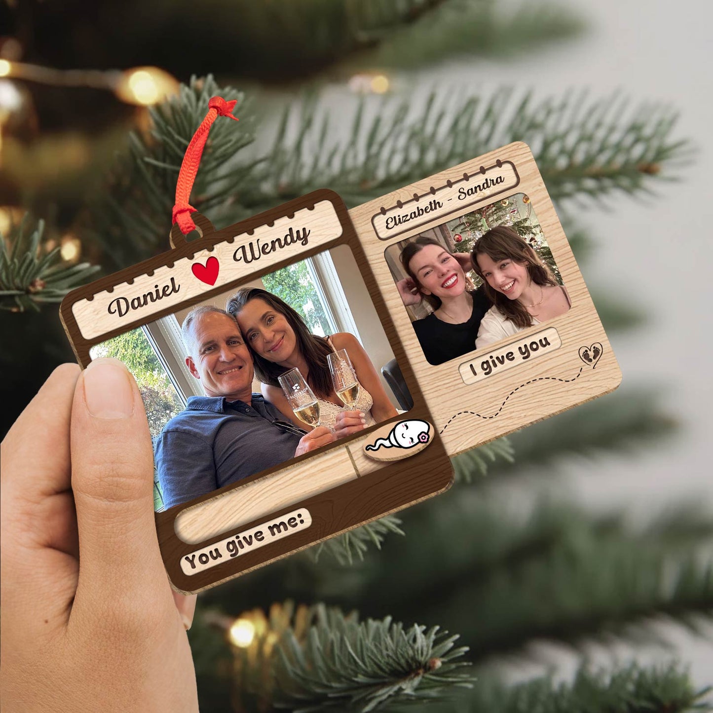 Custom slider photo ornament for family featuring personalized images and names for a unique gift