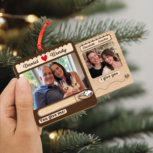 Custom slider photo ornament for family featuring personalized images and names for a unique gift