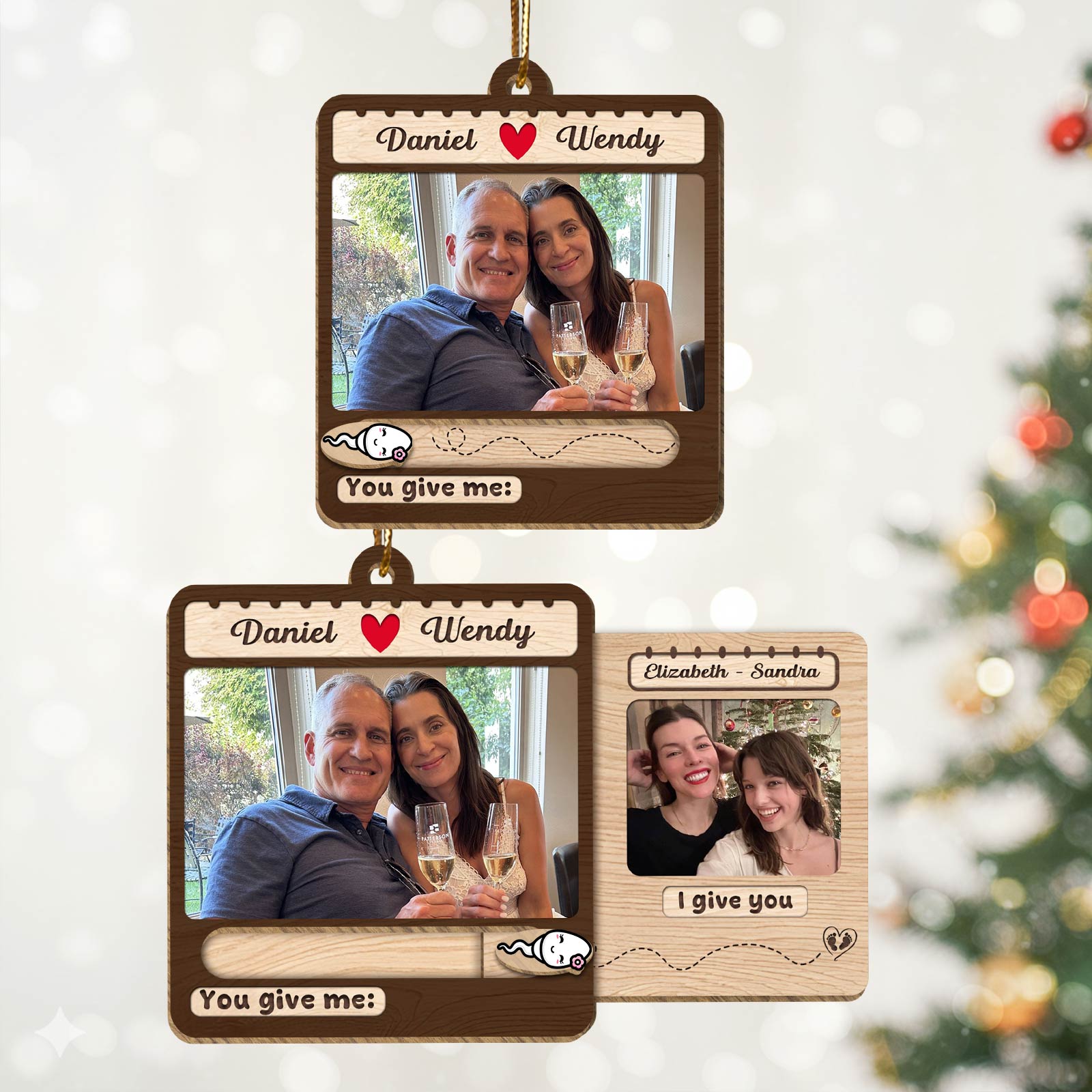 Custom slider photo ornament for family featuring two pictures with personalized messages