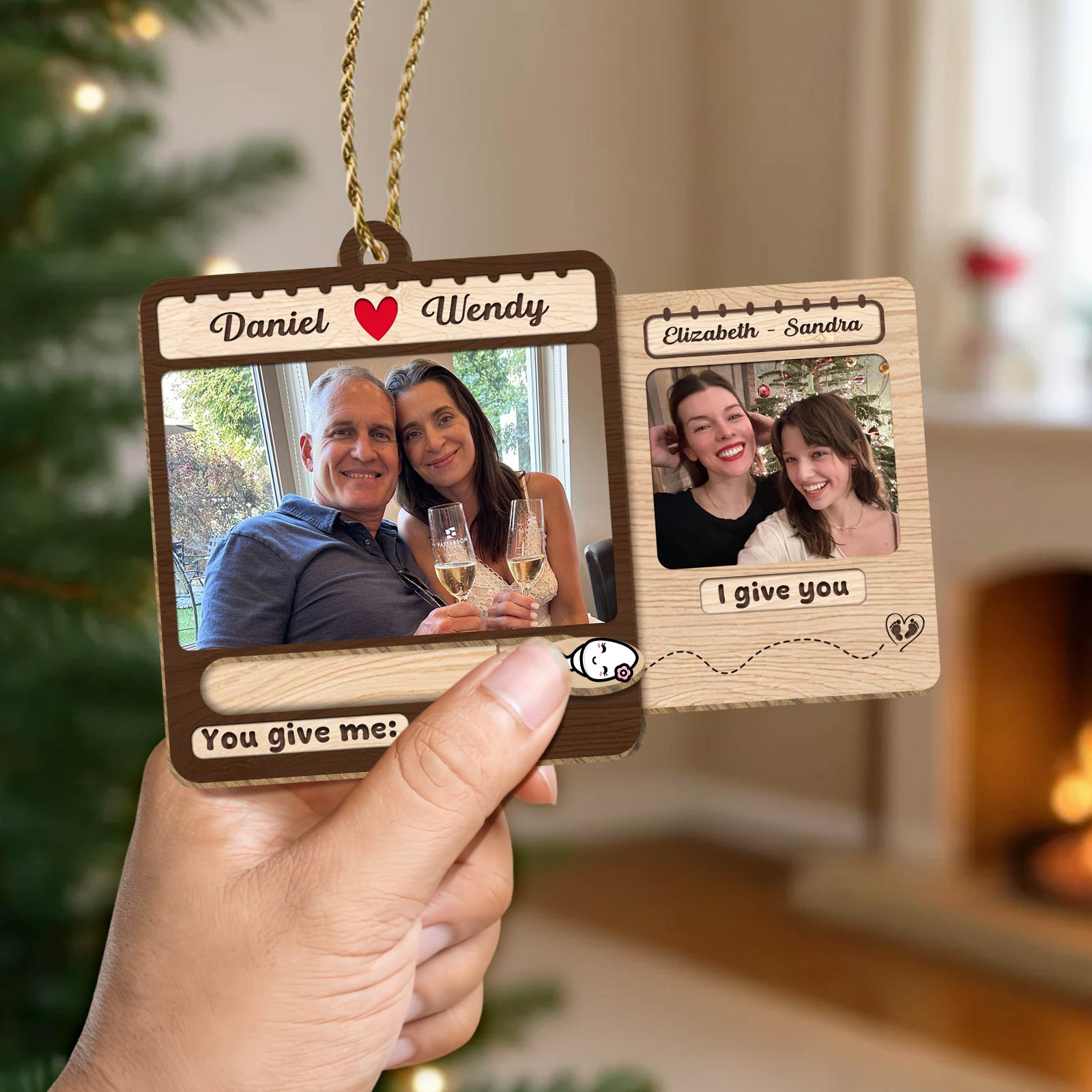 Custom slider photo ornament for family with personalized photos and messages for cherished memories