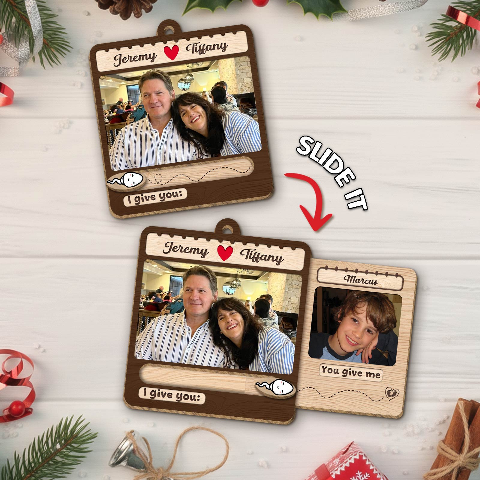 Custom slider photo ornament for family featuring two photos and personalized message sections