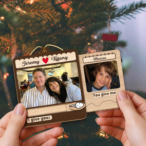 Custom slider photo ornament for family showing two photos and personalized messages on a festive background