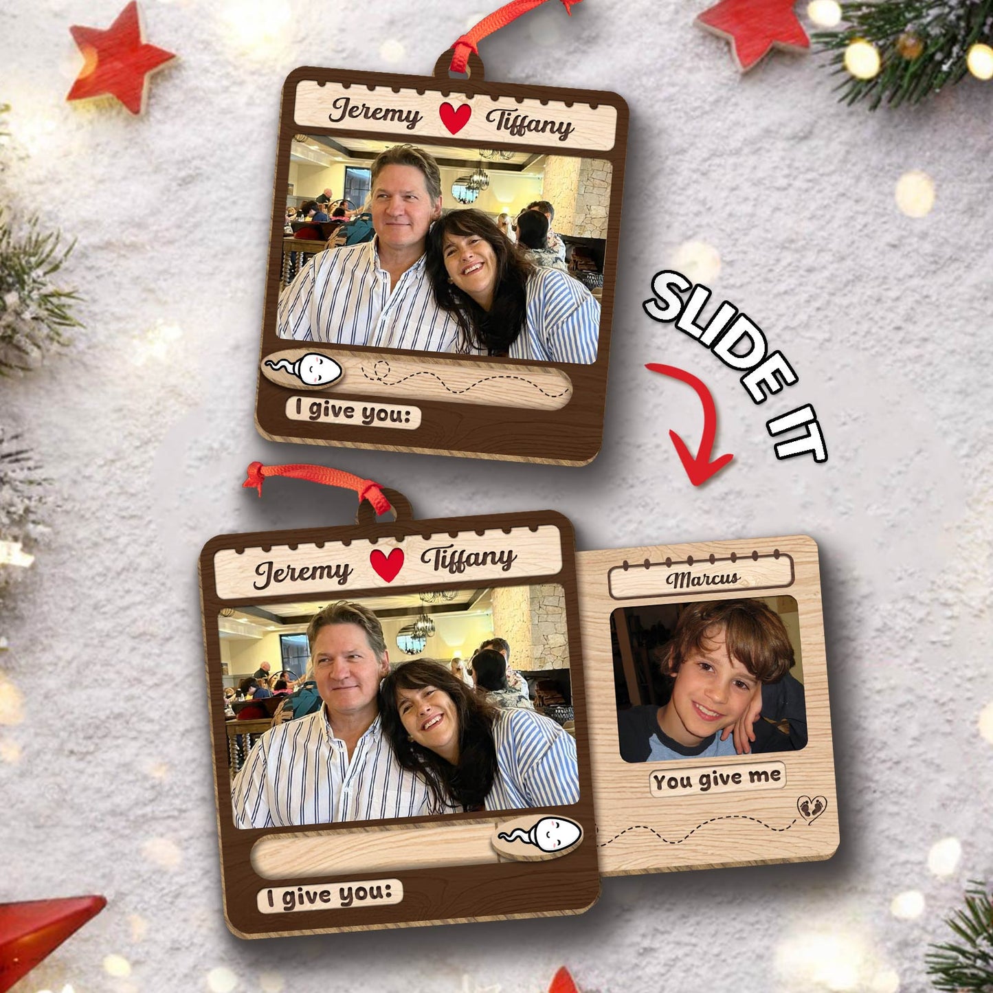 Custom slider photo ornament for family featuring a wood design with sliding photos of loved ones