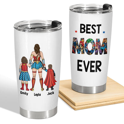 365Gifty custom superhero mom tumbler with Best Mom Ever text and personalized superhero family design