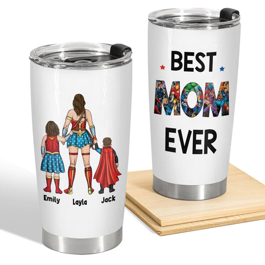 365Gifty custom superhero mom tumbler with Best Mom Ever text and personalized superhero family design